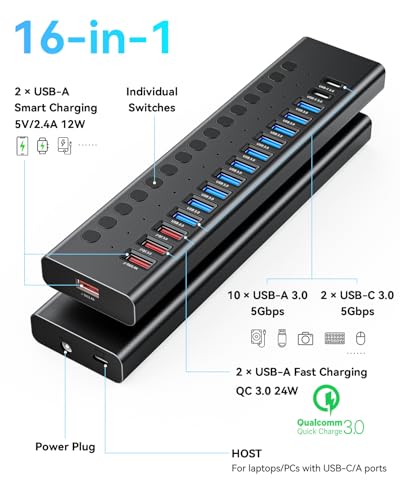 Powered USB Hub, AGEEN 16-Port USB 3.0 Hub (10 USB-A 3.0+2 QC 24W Fast Charging+2 Smart Charging+2 USB-C 3.0 Ports), 12V/8A 96W UL Certified Power Adapter for PC, Laptop, HDD, Flash Drive (16-Port) - size: 16-Port
