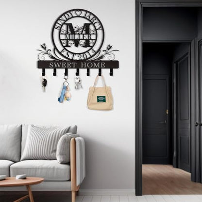 Dyoart Personalized Key Holder for Wall, Custom Family Name Metal Wall Key Hanger, Key Hooks with Monogram Design, Key Rack Holder Wall Mount for Living Room Bedroom, Anniversary Couple Gift - color: 04 Monogram