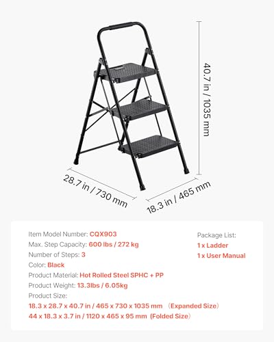 VEVOR 3 Step Ladder, Folding Step Stool with Wide Anti-Slip Pedal and Comfort Handgrip, Lightweight 600 lbs Capacity Portable Steel Ladder, Multi-Use for Kitchen, Home, Household and Office, Black - size: 18.3 x 28.7 x 40.7 in(Expanded)