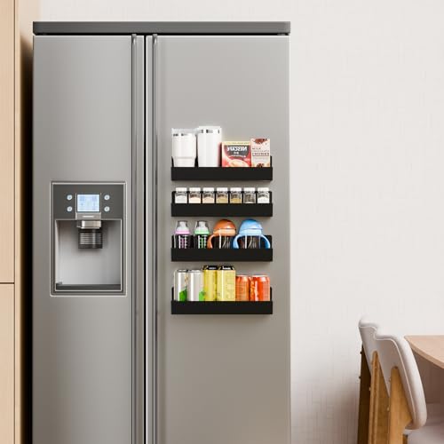 Yieach 4 Pack Black Spice Rack Wall Mount with Adhesive,11.5″L x 3.6″W,Stick on Seasoning Jar Spice Organization for Cabinet Door or Pantry Door,Adhesive Wall Spice Rack for RV,Kitchen,Inside Cabinets