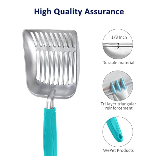 WePet Cat Litter Scoop, Aluminum Alloy Sifter, Kitty Metal Scooper, Deep Shovel, Long Handle, Poop Sifting, Kitten Pooper Lifter, Durable, Heavy Duty, for Litter Box - color: FLAT Aluminum \ #02 Turkish Blue Handle, size: Small