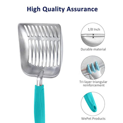WePet Cat Litter Scoop, Aluminum Alloy Sifter, Kitty Metal Scooper, Deep Shovel, Long Handle, Poop Sifting, Kitten Pooper Lifter, Durable, Heavy Duty, for Litter Box - color: FLAT Aluminum \ #02 Turkish Blue Handle, size: Small