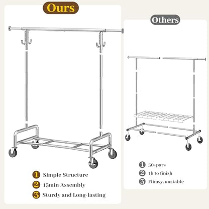 Raybee Clothes Rack, Room Organize Home Storage, 75" W & 4 Extra Hooks | 450LBS Capacity, Stainless Steel, Extendable Hanging Rod, 360° Lockable Wheels, Height Adjustable, 15-Min Tool-free Assembly - color: Chrome, style: Rod Shelf