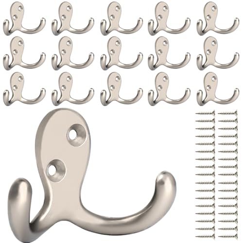 IBosins 16 Pack Heavy Duty Double Prong Coat Hooks Wall Mounted with 32 Screws Retro Double Hooks Utility Hooks for Coat, Scarf, Bag, Towel, Key, Cap, Cup, Hat(Silvery) - color: 16 Pcs Silvery