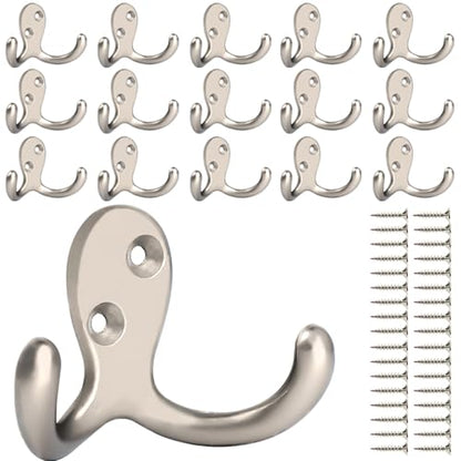 IBosins 16 Pack Heavy Duty Double Prong Coat Hooks Wall Mounted with 32 Screws Retro Double Hooks Utility Hooks for Coat, Scarf, Bag, Towel, Key, Cap, Cup, Hat(Silvery) - color: 16 Pcs Silvery