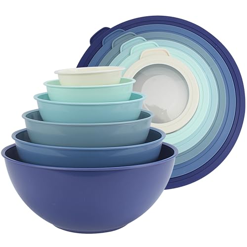 COOK WITH COLOR Mixing Bowls with TPR Lids - 12 Piece Plastic Nesting Bowls Set includes 6 Prep Bowls and 6 Lids, Microwave Safe (Blue) - color: Blue TPR Lids