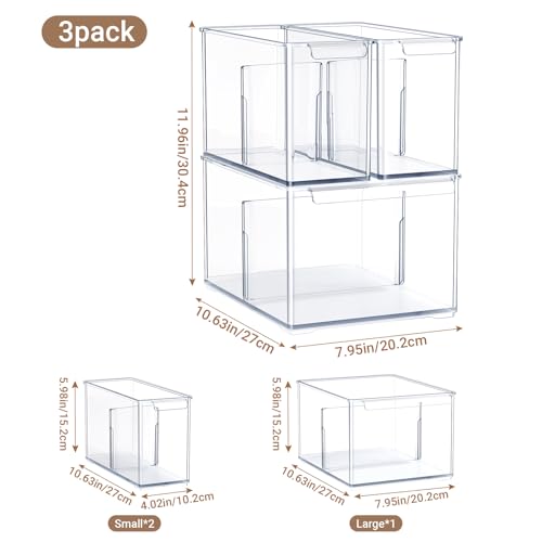 Clear Plastic Storage Bins with Dividers for Fridge Pantry Organizers and Storage Containers, 3 Pack Acrylic Stackable Sturdy Storage Boxes for Home Edit and Cabinet Organizers C6-1 - style: 2 Small +1 Large