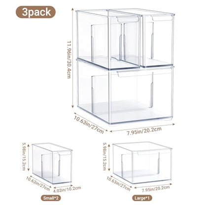 Clear Plastic Storage Bins with Dividers for Fridge Pantry Organizers and Storage Containers, 3 Pack Acrylic Stackable Sturdy Storage Boxes for Home Edit and Cabinet Organizers C6-1 - style: 2 Small +1 Large