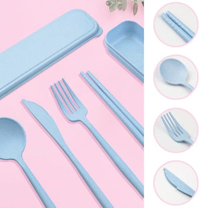 ELANE 4 Sets Reusable Travel Utensils Set with Case,Camping Cutlery Set Reusable Cutlery Set with Case,Utensil Sets for Lunch Picnic Daily Use Outdoor (lightblue) - color: lightblue