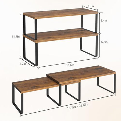 NEX Kitchen Cabinet and Counter Shelf Organizer, Stackable & Expandable, Set of 4, Black and Rustic Brown - 7.7 x 15.6 x 6.2'' - color: Black + Rustic Brown, size: 15.6''W