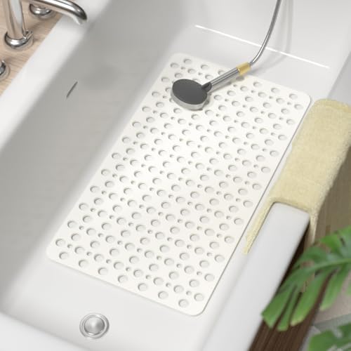 HITSLAM Bathtub Mat Non Slip, 28 x 15 Inch TPE Bath Mat for Tub, Efficient Drainage Bathroom Shower Mat with Suction Cups, Bath Tub Mat, Soft on Feet and Easy to Clean, White - color: White, size: 28" x 15" (Rectangular)