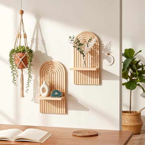 2pcs Boho Wall Candle Sconces Boho Wall Decor Rustic Farmhouse Wooden WallMount Candle Holders Wood Bohemian Decor Floating Shelves Arched Wooden Hanging Shelves for Bedroom Living Room Bathroom Home
