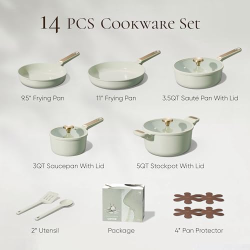 CAROTE Ceramic Cookware Set Nonstick, 14pcs Pots and Pans Set Nonstick, Non-Toxic & PFAS-Free, Dishwasher, RV/Camping Cookware Set, Cooking Pots with Lids, Sage Green - color: Green, size: 14 Piece