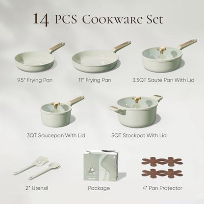 CAROTE Ceramic Cookware Set Nonstick, 14pcs Pots and Pans Set Nonstick, Non-Toxic & PFAS-Free, Dishwasher, RV/Camping Cookware Set, Cooking Pots with Lids, Sage Green - color: Green, size: 14 Piece