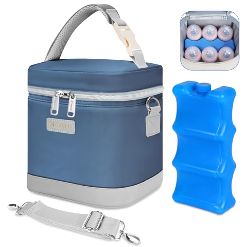 Mancro Breastmilk Cooler Bag with Ice Pack, Insulated Baby Bottle Bag Fits 6 Bottles up to 9oz, Waterproof Breast Milk Storage Bag for Daycare, Travel, Nursing Moms,Blue & Grey - color: Blue Grey