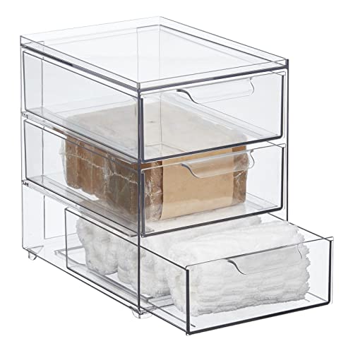 mDesign Plastic Stackable Organizer with 3 Drawers - Pull-Out Drawer Storage Bin for Bathroom Sink/Cabinet Organization - Perfect for Makeup, Small Towels, and More - Lumiere Collection, 4 Pack, Clear - size: 8 x 6 x 8 (Pack of 4)