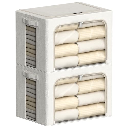 FHSQX 2 Pack Clear Window Storage Bins Large Stackable Linen Fabric Storage for Clothes Foldable Container Organizer Set with Carrying Handles (Lvory White, 19.7x 15.7x 12.6 Inch) - color: Lvory White, size: 19.7x 15.7x 12.6 Inch