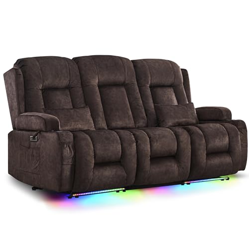 URRED Power Loveseat Recliner Sofa with Massage and Heat, Wall Hugger Reclining Loveseat with Console, RV Couch Home Theater Seating with LED Lights for Living Room (Brown, 76.8" - 3 Seats) - color: Brown, size: 76.8" - 3 Seats