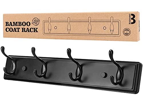 Badiano Wooden Coat Rack, Wall-Mounted Organizer for Closet, Entryway, Hallway, Foyer, Bedroom, Heavy Duty Double Hooks for Hanging Towels, Bags, Hats, Jackets, Key (Black, 4 Hooks) - color: Black, size: 4 Hooks