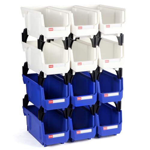 Stackable Storage Bins 12 Pack (11x5x5 Inch), Plastic Stackable Storage Organizer Bins Wall Mounted Hanging Small Parts Bin for Garage, Workbench & Office (Blue & White) - color: Blue & White 12pack, size: 11x5x5 inch