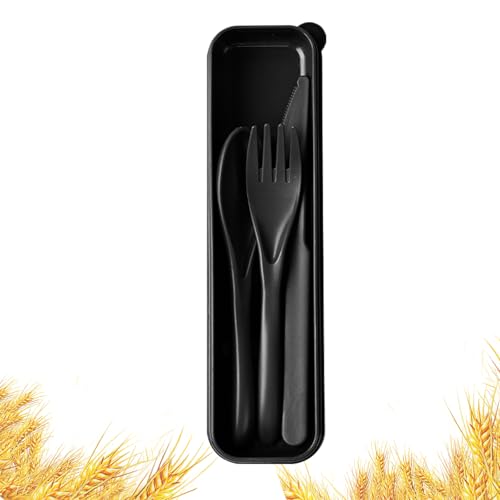 Travel Utensils with Case, Camping Utensil Sets, Wheat Straw Portable Knife Fork Spoons Tableware, Reusable Utensils for Lunch Box (Black) - color: Black