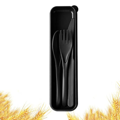 Travel Utensils with Case, Camping Utensil Sets, Wheat Straw Portable Knife Fork Spoons Tableware, Reusable Utensils for Lunch Box (Black) - color: Black