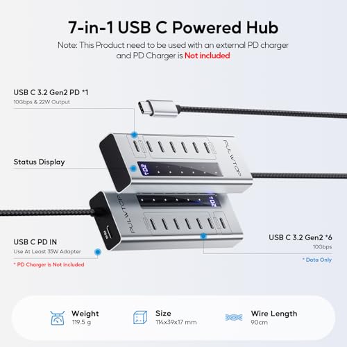 Powered USB C Hub, PULWTOP 7 in 1 USB C Hub Support Data 10Gbps & Charging(Not Support Video), USB C Powered Hub 10Gbps Ports for iMac, MacBook Pro/Air, iPad, XPS, USB Hub with 35W PD Power Adapter