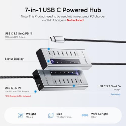 Powered USB C Hub, PULWTOP 7 in 1 USB C Hub Support Data 10Gbps & Charging(Not Support Video), USB C Powered Hub 10Gbps Ports for iMac, MacBook Pro/Air, iPad, XPS, USB Hub with 35W PD Power Adapter