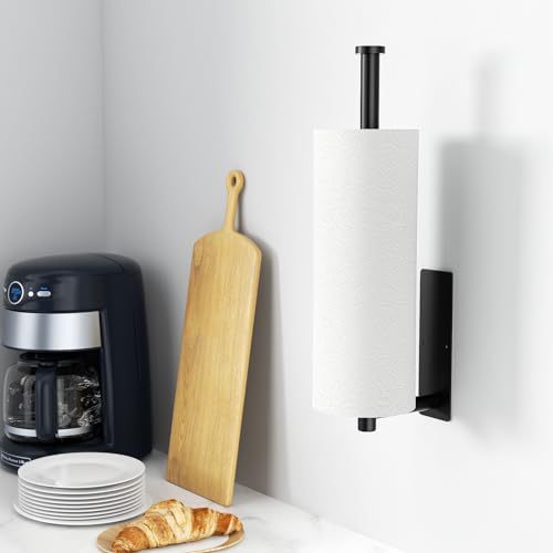 Paper Towel Holder - Self-Adhesive or Drilling, Matte Black Wall Mounted Rack - SUS304 Stainless Steel Kitchen Roll Dispenser Under Cabinet - color: Black