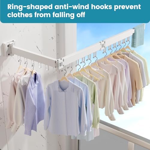Abiglifty Clothes Drying Rack Wall Mounted, Laundry Drying Rack Collapsible, Foldable & Retractablewith 18 Hooks for Indoor/Outdoor Use inLaundry Room, Bathroom & Balcony (White) - color: White