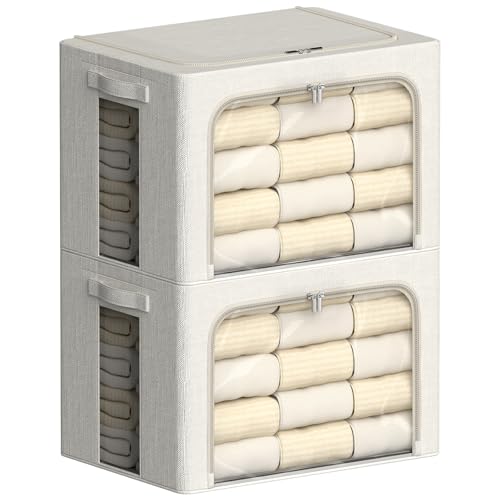 FHSQX 2 Pack Clear Window Storage Bins Large Stackable Linen Fabric Storage for Clothes Foldable Container Organizer Set with Carrying Handles (Lvory White, 23.6x 16.5x 15.7 Inch) - color: Lvory White, size: 23.6x 16.5x 15.7 Inch