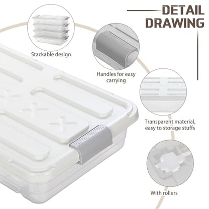 Beeveer 4 Pcs Plastic Under Bed Storage Containers with Lid Wheel Handle, Transparent Large Capacity Stackable Latching Storage Bins for Closet Bedroom Clothes Shoes Blanket(23.7 x 15.8 x 5.2,White) - color: White