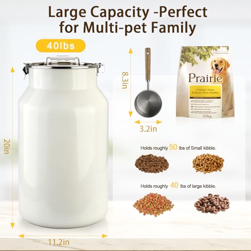 Dog-Cat Food Storage Container 40 lb/38 Qt, Large Stainless Steel Pet Food Bin with Airtight Lid & Scoop Included, Durable 304 Metal Storage for Dogs & Cats - size: 38 Qt