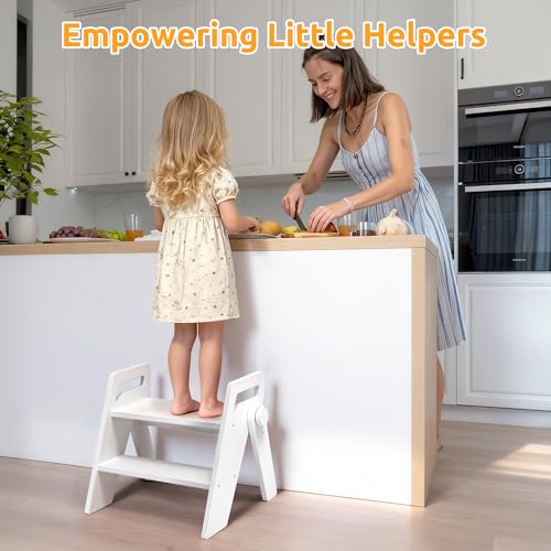 Wooden 2 Step Stool for Toddler Kids Bathroom Foldable 2-Step for Toilet Potty Training, Child Stepping Stool for Kitchen Nursery Bedroom,White - color: White