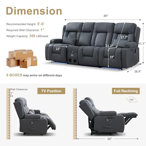 URRED Power Loveseat Recliner Sofa with Massage and Heat, Wall Hugger Reclining Loveseat with Console, RV Couch Home Theater Seating with LED Lights for Living Room (Blue Grey, 89.8" - 3 Seats) - color: Blue Grey, size: 89.8" - 3 Seats