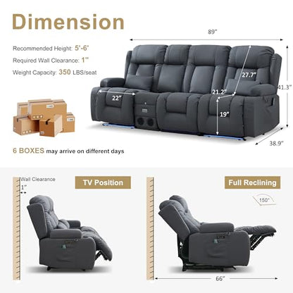 URRED Power Loveseat Recliner Sofa with Massage and Heat, Wall Hugger Reclining Loveseat with Console, RV Couch Home Theater Seating with LED Lights for Living Room (Blue Grey, 89.8" - 3 Seats) - color: Blue Grey, size: 89.8" - 3 Seats