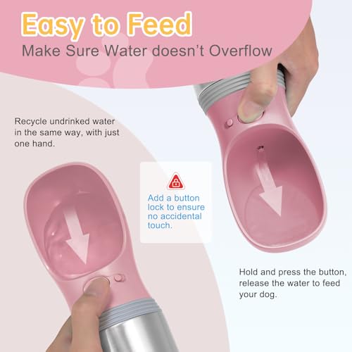 Portable Dog Water Bottle, 14 OZ, Stainless Steel Leak Proof Puppy Water Dispenser with Drinking Feeder for Pets Travel, Walking, Hiking and Outdoor Activities - size: 14 OZ - Pink, style: Button switch