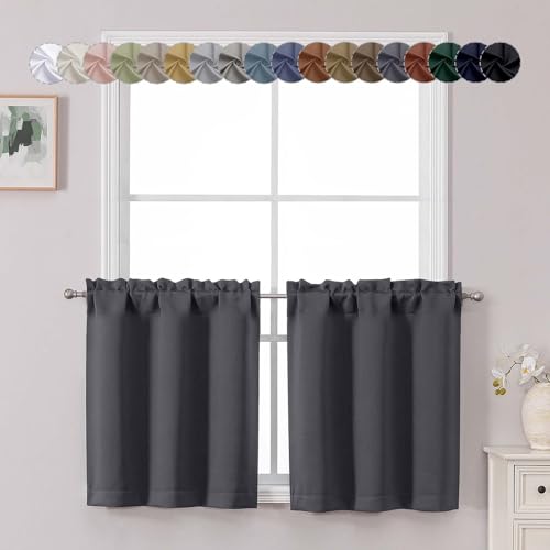 Chyhomenyc Charcoal Grey Short Blackout Curtains 24 Inch Length, Small Kitchen Curtain Tier Rod Pocket Half Window Curtains for Bathroom Basement Cabinet Camper RV Bunk, 2 PCS, Each 30" Wx24 L - color: Charcoal Grey, size: 30"W x 24"L (Pack of 2)