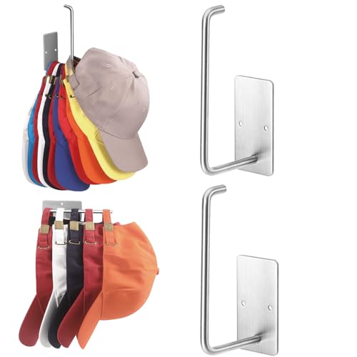 Hat Racks for Baseball Caps 2 Pack, Stainless Steel Adhesive Hat Hanger Hooks Holder for Wall, Multi-Purpose Strong Hook Organizer Can Hold More Than 10 Hats for Door/Closet - color: 2 Pack Silver