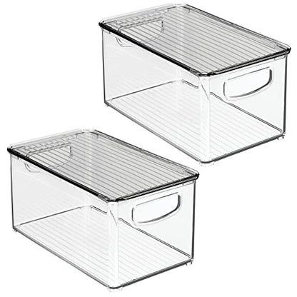 mDesign Plastic Deep Storage Bin Box Container with Lid and Built-In Handles - Organization for Fruit, Snacks, or Food in Kitchen Pantry, Cabinet, Cupboard, Ligne Collection, 2 Pack, Clear/Smoke Gray