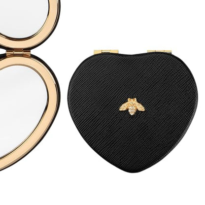 Compact Mirrors, Leather Folding Travel Mirrors, Bee Double Sided Handheld Mirrors, Portable Heart Shape Makeup Mirrors Gift for Girls Women Mothers