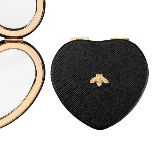 Compact Mirrors, Leather Folding Travel Mirrors, Bee Double Sided Handheld Mirrors, Portable Heart Shape Makeup Mirrors Gift for Girls Women Mothers