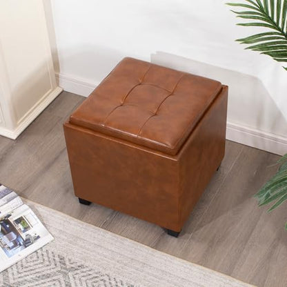 Adeco 17 inch Square Storage Ottoman with Reversible Tray Top, Cognac Brown Faux Leather Footrest Stool & Coffee Table for Living Room, Bedroom - color: Cognac Brown Leather – Upgraded Version