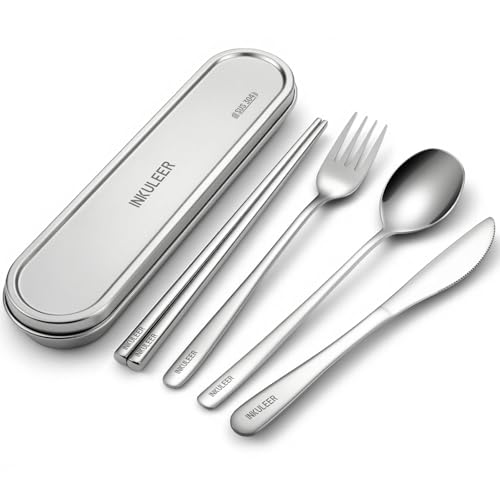 INKULEER Travel Cutlery Set - 18/8 Stainless Steel Reusable Utensils with Metal Case, Portable Silverware for Camping, Office, Travel & Outdoor Dining - color: Silver