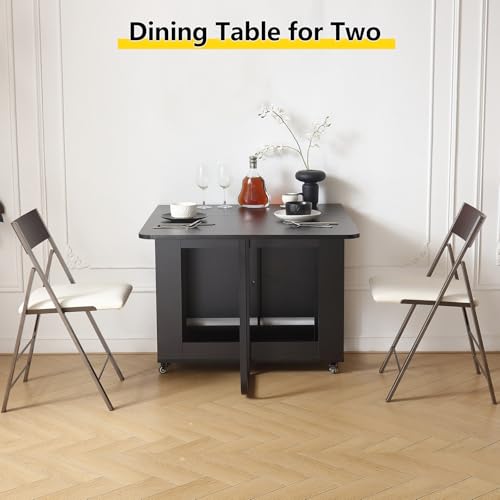 Folding Dining Room Table with Two Drawers for 4/6 with Space Saving Drop Leaf Table,Lockable Wheels & Storage, Heavy Duty Plywood Top 300lb, Convertible Desk for Apartments/RV/Home Office - color: Black-1
