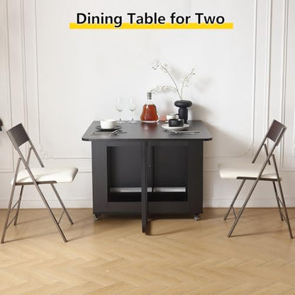 Folding Dining Room Table with Two Drawers for 4/6 with Space Saving Drop Leaf Table,Lockable Wheels & Storage, Heavy Duty Plywood Top 300lb, Convertible Desk for Apartments/RV/Home Office - color: Black-1