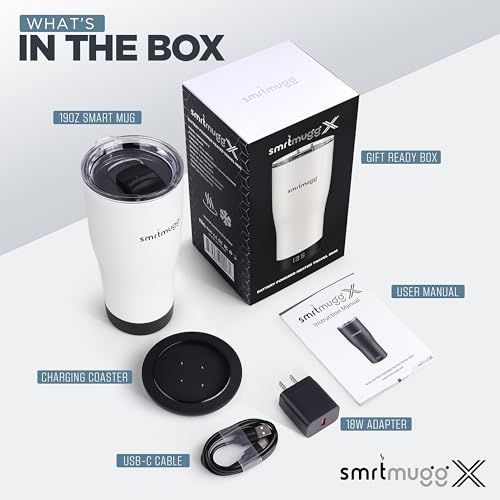 SmrtMugg X Heated Coffee Mug 19 oz., 8 Hour Battery Life, Self-Heating, Adjustable Temp Controlled, LCD Screen, Includes Cover with Magnetic Slider (Black) (White) - color: White