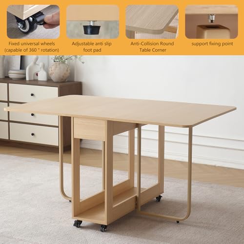 Folding Dining Room Table for 4/6 with 35.4" Extra Wide Space Saving Drop Leaf Table with Lockable Wheels & Storage, Heavy Duty Eco Solid Wood Top 300lb, Convertible Desk for Apartments/RV/Home Office - color: Wood
