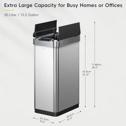 EKO Phantom-T 50 Liter / 13.2 Gallon Vertical Motion Sensor Trash Can, Brushed Stainless Steel Finish - size: Phantom 50L - Stainless Steel