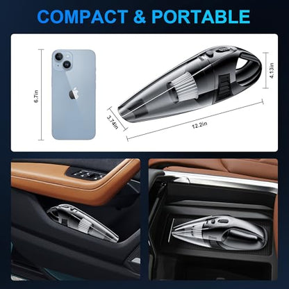 Handheld Car Vacuum Cleaner with 8000PA Powerful Suction, Portable Car Vacuum Cleaner with 2 Filters, Mini Brush, Lightweight, 0.34L Capacity, Essential Accessories